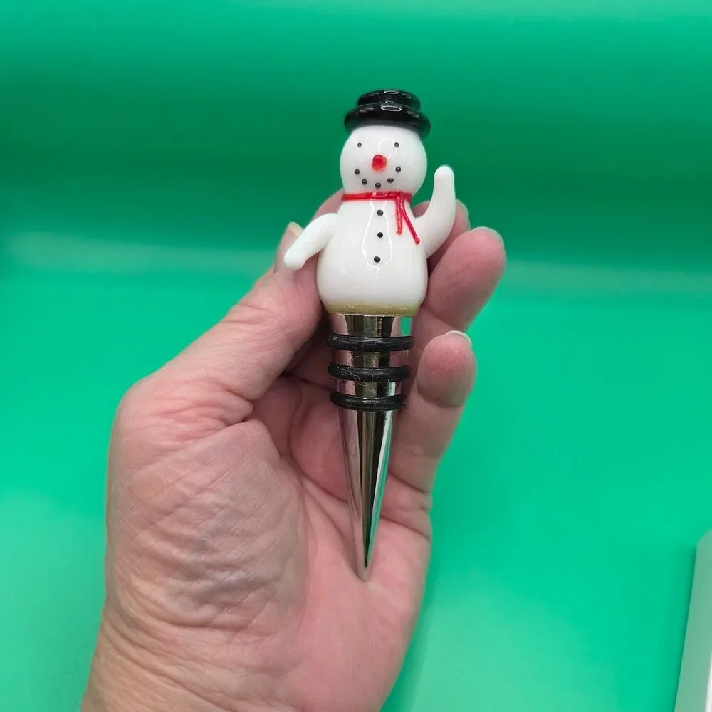 Hallmark Glass Snowman Wine Bottle Stopper Stainless Base Rubber Seal Rings